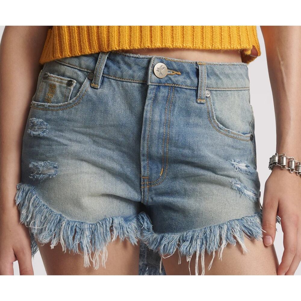 New One Teaspoon Sz 26 Outlaws Montana Blue Distressed Cut Off Denim Jean Shorts